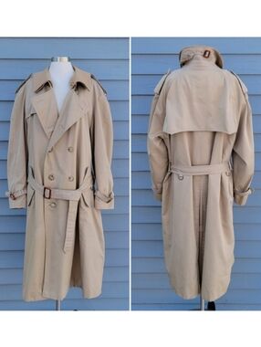 Vintage 80s Baracuta Trench Coat Tan‎ Double Breasted Wool Liner 48 Long